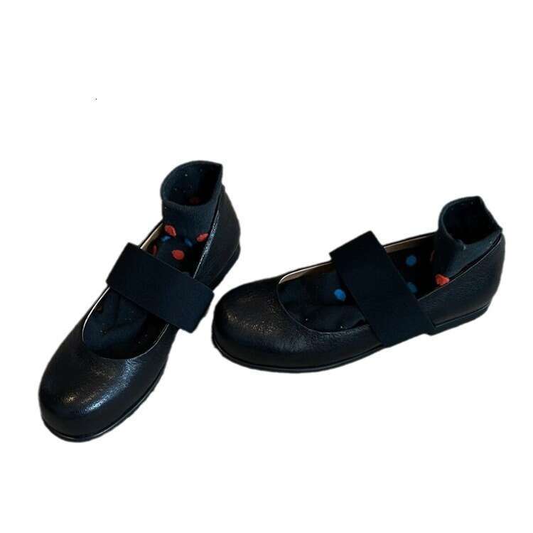 Genuine Korean Style Elastic Strap Mary Jane for Women 2024 New Autumn Round Toe Shallow Mouth Flat Leather Shoes