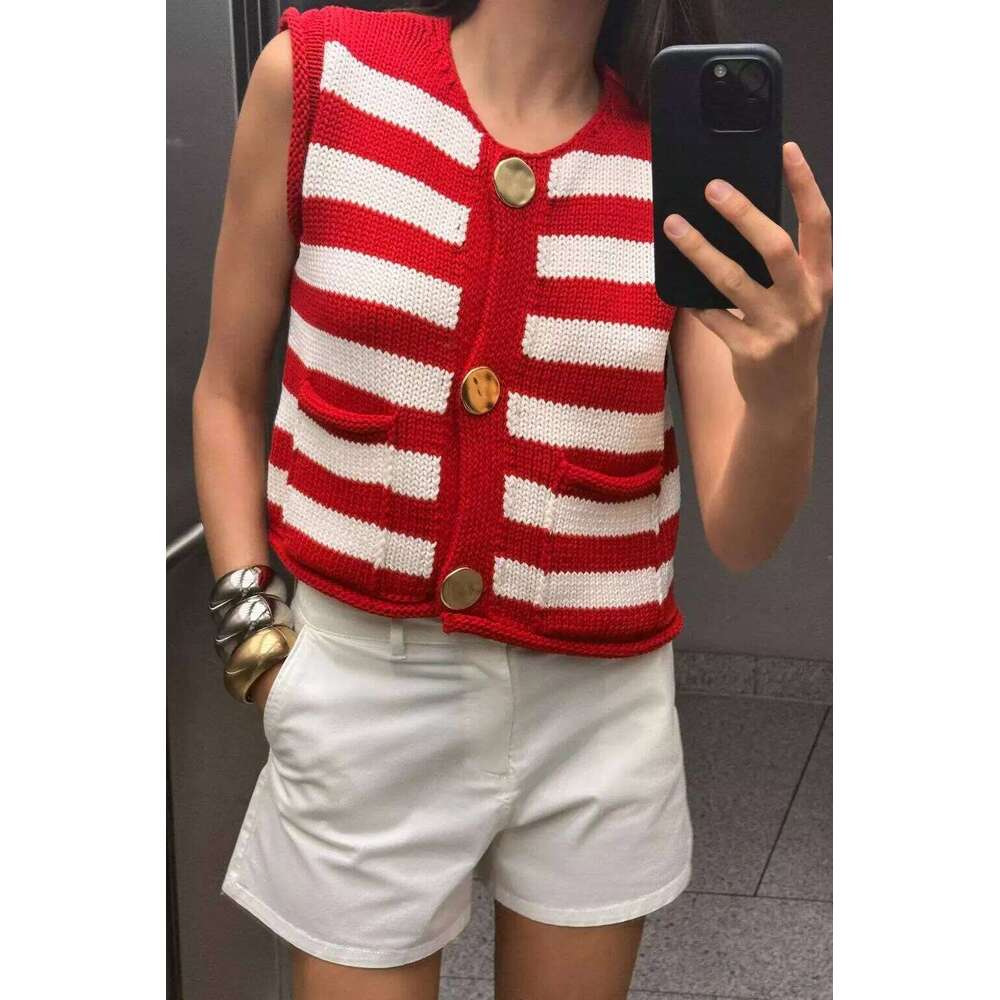 European and American style 2025 new round neck single-breasted sleeveless striped knitted vest top