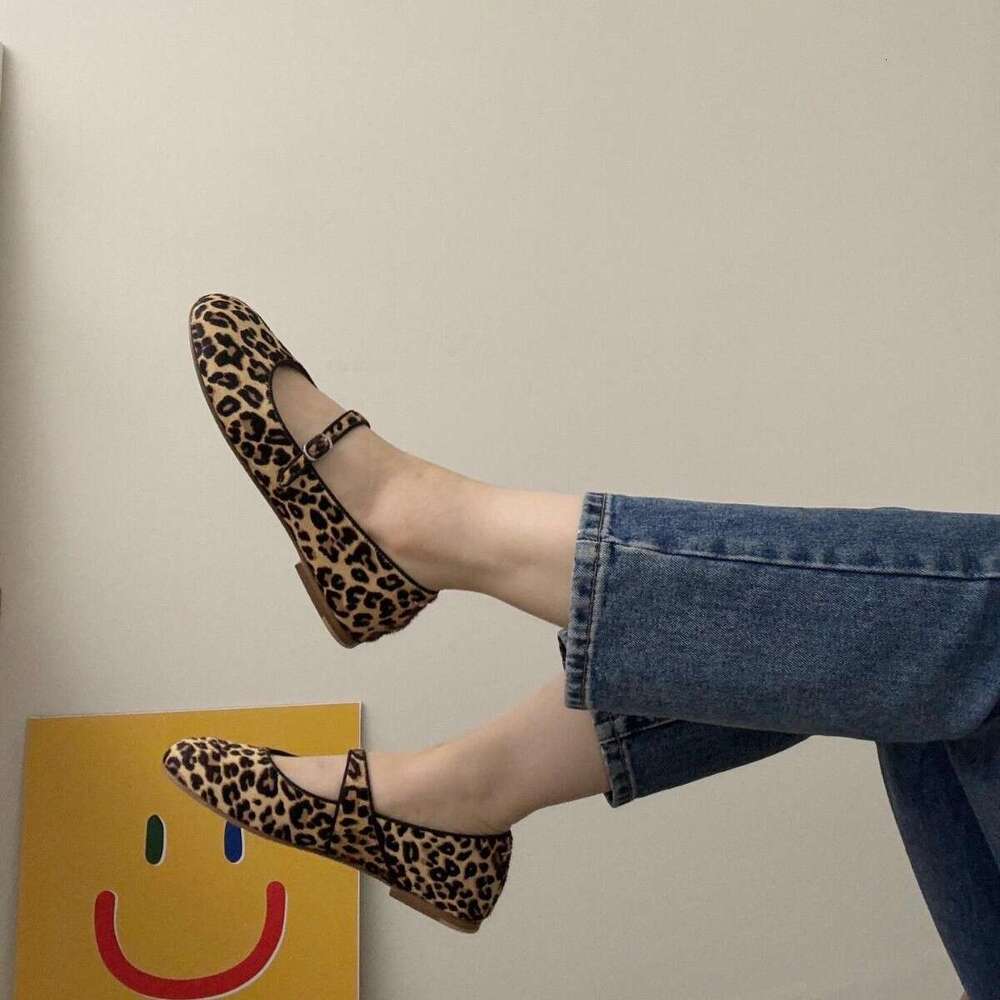 Genuine Leather French Leopard Print Round Toe Mary Jane Shoes with Strap for Women 2025 New Spring Ballet Flats