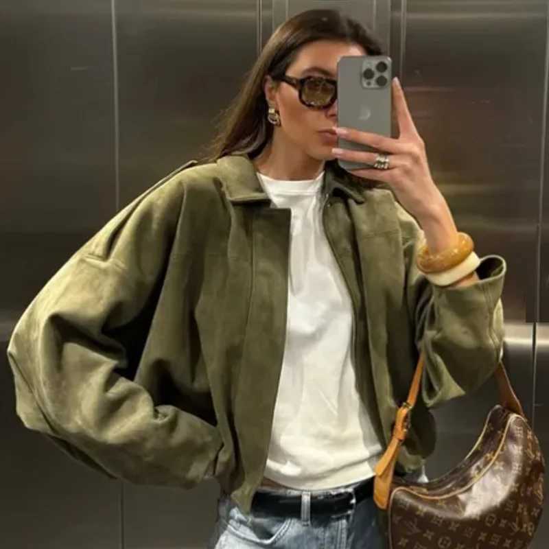 TRAF Woman 2025 Suede Bomber Jacket Green Khaki Outerwear Womens Jacket Spring Crop Oversize Long Sleeve Coats Chic Jacket 066 T250529