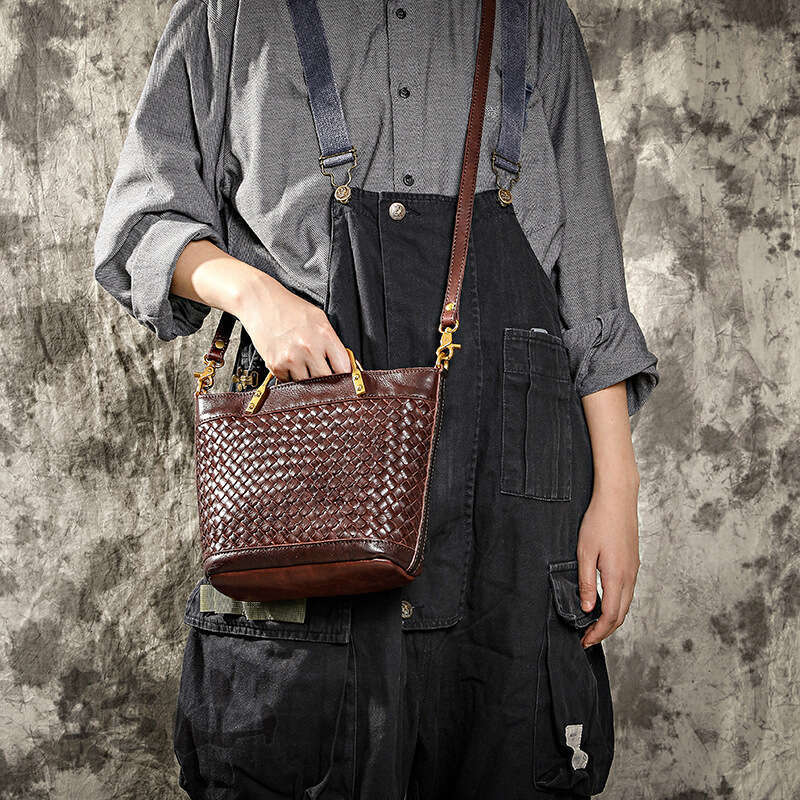 Tote Bag Braided Handbag Genuine Leather Handwoven Women S Vegetable Tanned Cowhide Washed And Waxed Artistic Crossbody Elegant Bag Shoulder Bag