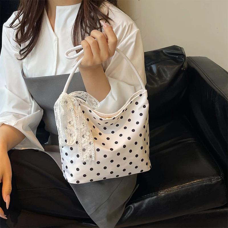 Pure Color Polka Dot Handbag Shoulder Bag Women Nylon Underarm Bags Retro Chic Bucket Trendy Korean Style Tote Handbag 250528