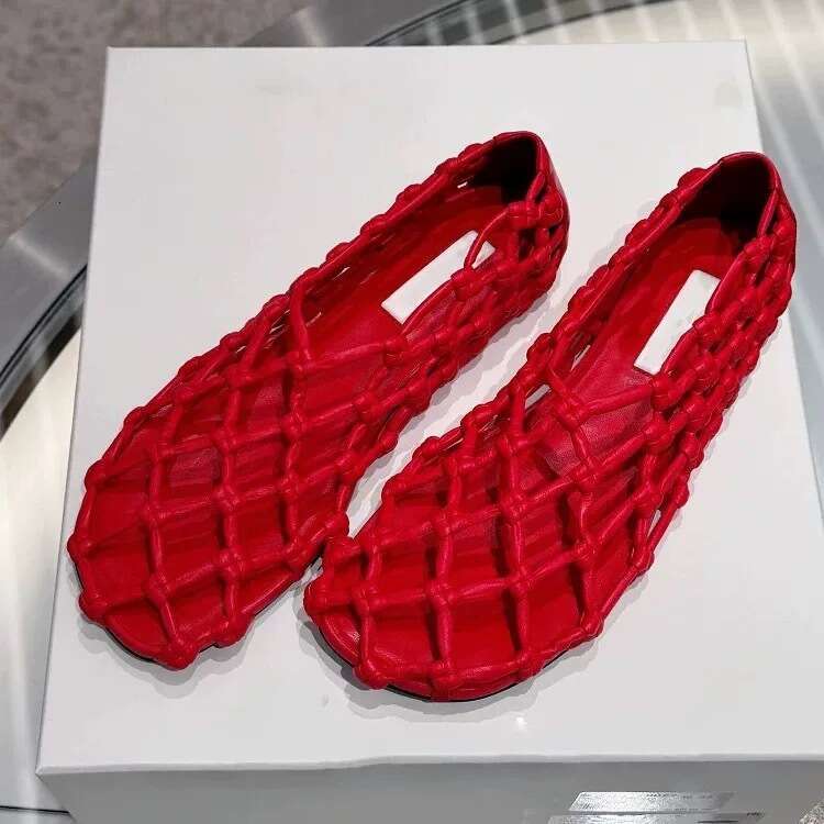 Cowhide Version ~ Niche Fishnet Woven Hollow Round Toe Flat Shoes for Women 2025 Spring Summer Ballet Sandals