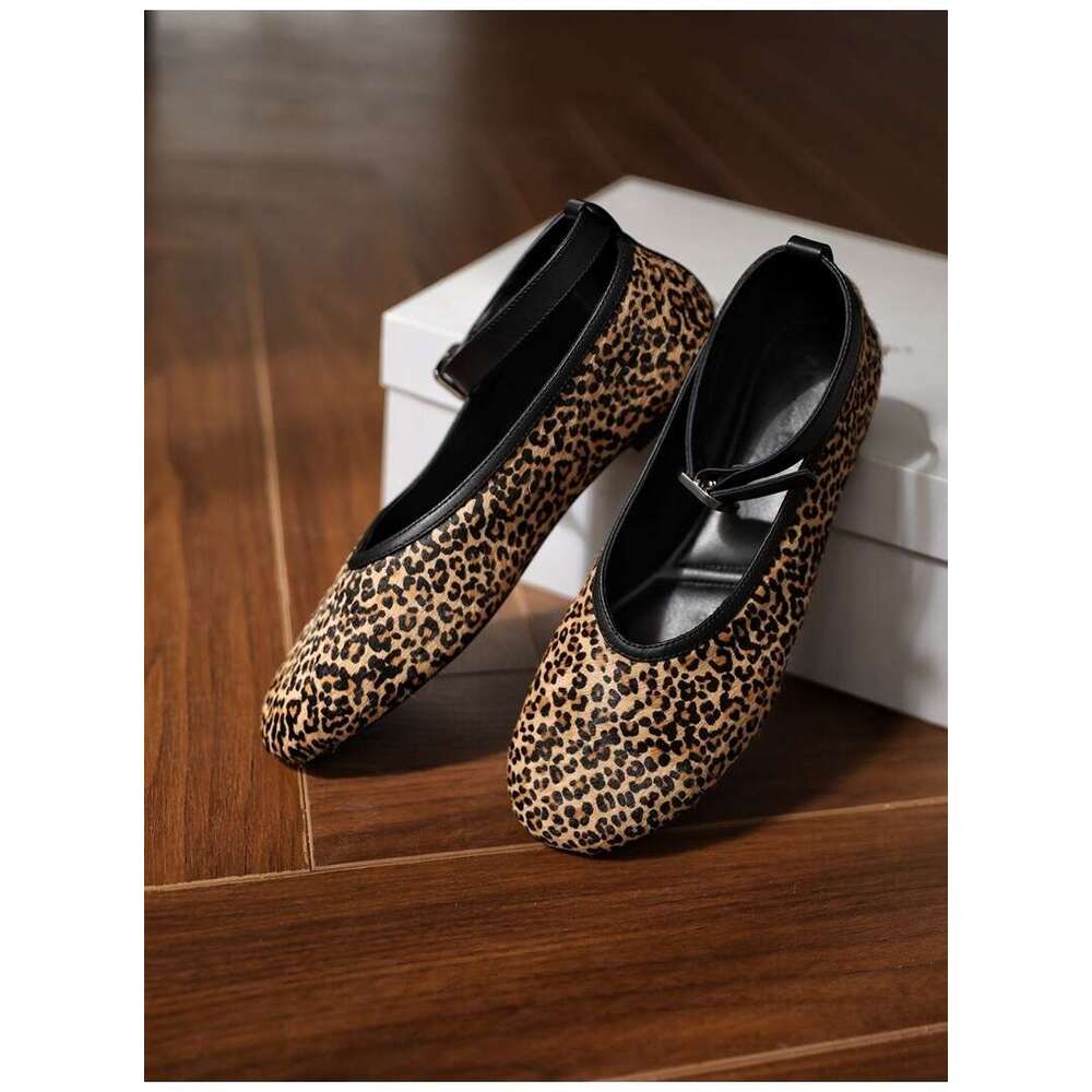 Genuine Leather French Classic Versatile Round Toe Shallow Mouth Ankle Strap Leopard Print Horsehair Flat Red Mary Jane Shoes for Women