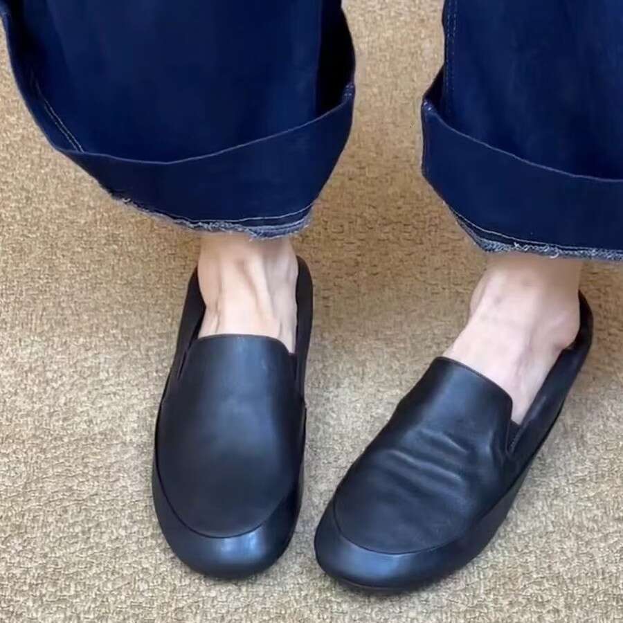 Genuine Round Toe Super Soft Loafers for Women Thick Sole Flat Slip-On Lazy Elastic Band Small Leather Single Shoes