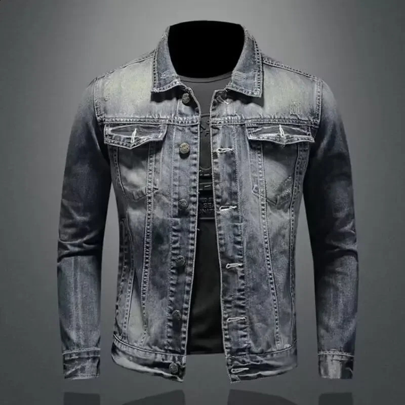 Mens Denim Jacket American Style Vintage Wash Distressed Casual Slim Fit Smooths Your Silhouette Long Sleeve Denim Blazer Trend 250521