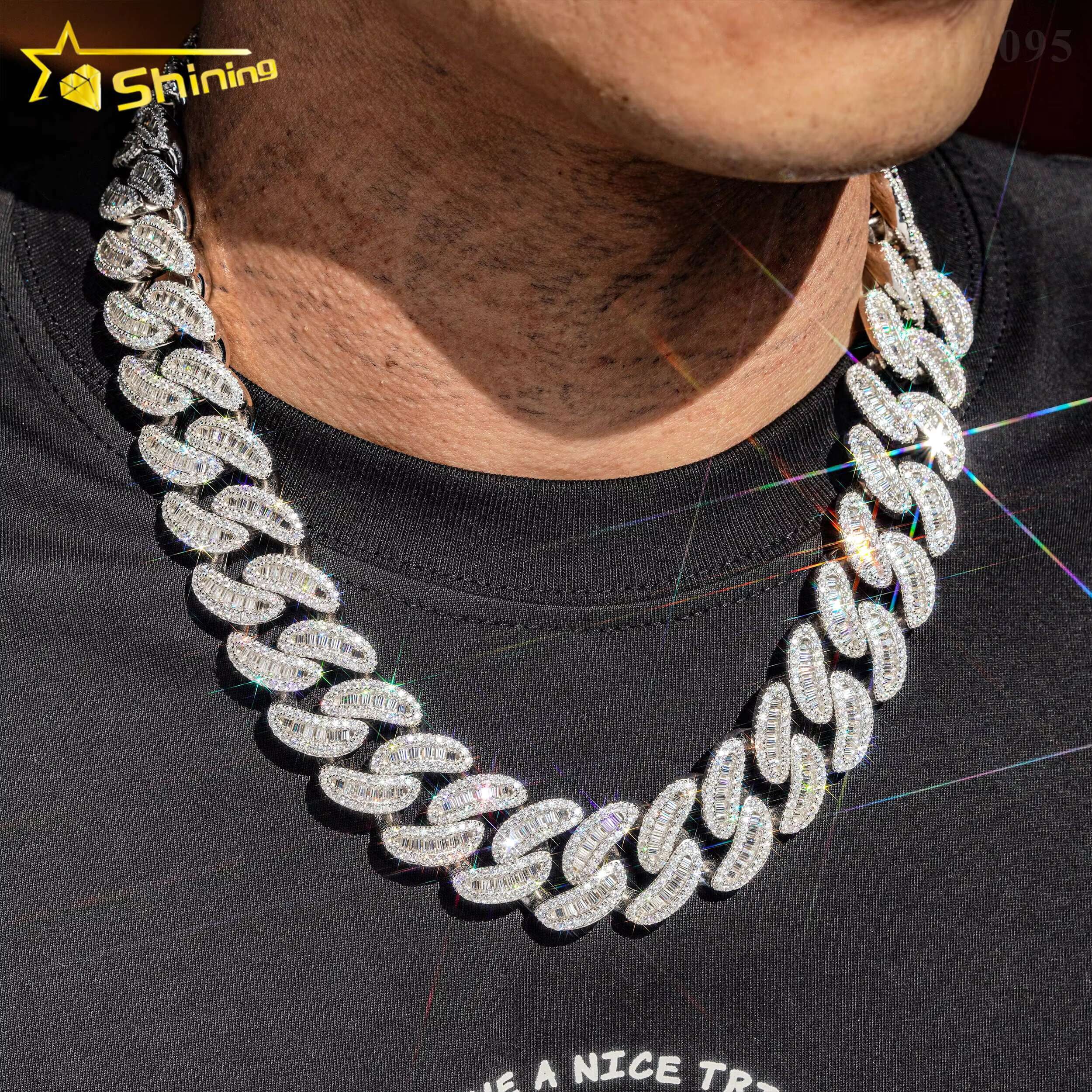 Hip Hop Necklace Luxury Heavy 22MM Baguette Moon Shape Style 925 Silver Miami Moissanite Cuban Link Chain