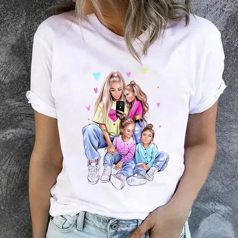 Women's T Shirts Women Cartoon Momlife Mom Mother Three Girls Print Lady T-Shirt Top Shirt Ladies Womens Graphic Female Tee
