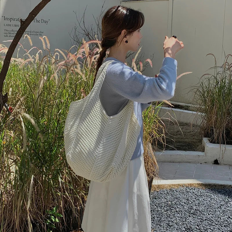 Vintage Crochet Woven Tote Bag for Women Lightweight Durable Handbag Beach Foldable n Travel Shopping Daily Use 250528