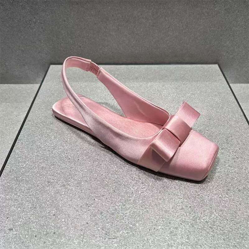 Genuine Leather Satin French Square Bow Flat Back Strap Closed Toe Sandals for Women 2025 New Spring Summer Single Shoes