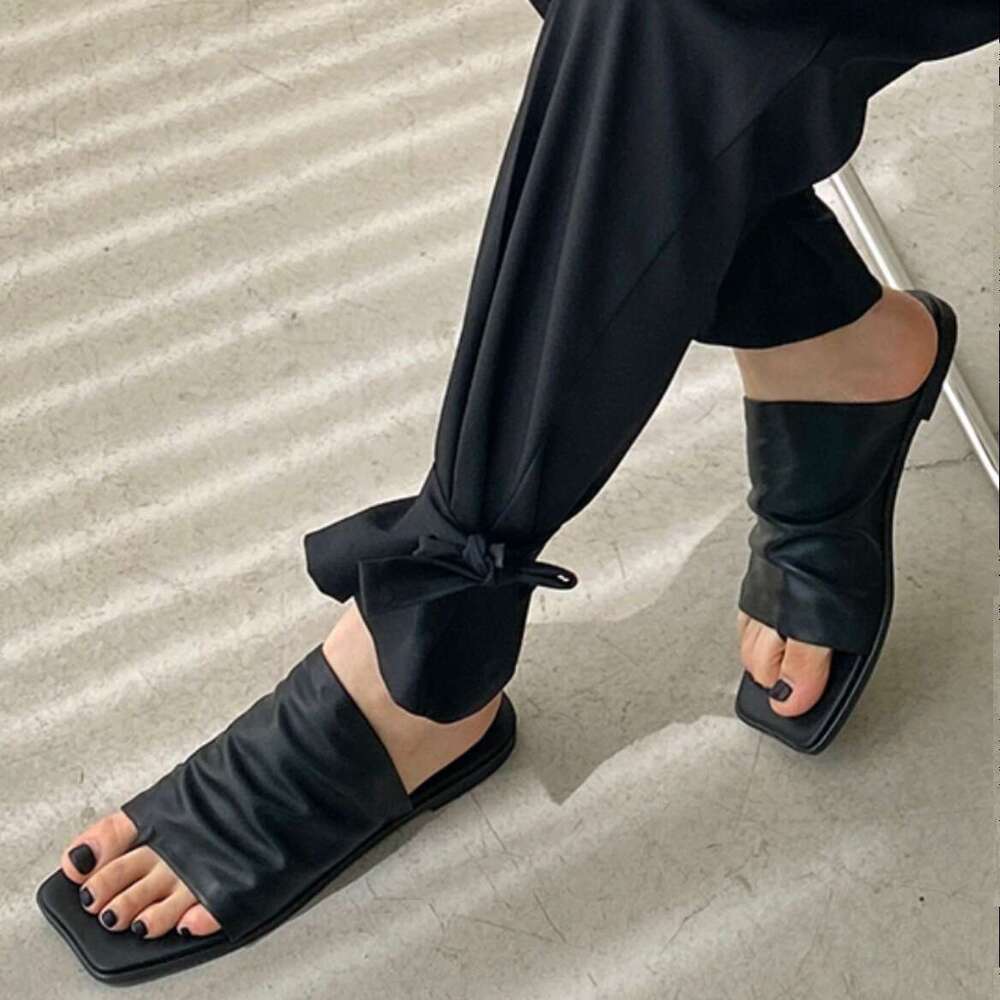 Korean Style Genuine Square Backless Simple Soft Leather Women's Outdoor Fashion Summer New Beach Toe Post Sandals