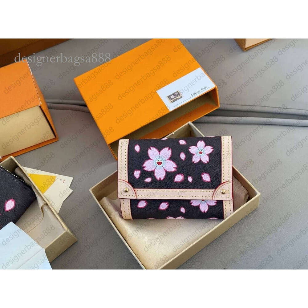 Takashi MURAKAMI Luxury womens designer wallet three-fold wallet cherry blossom leather wallet pink zipper card wallets purse high quality M13427