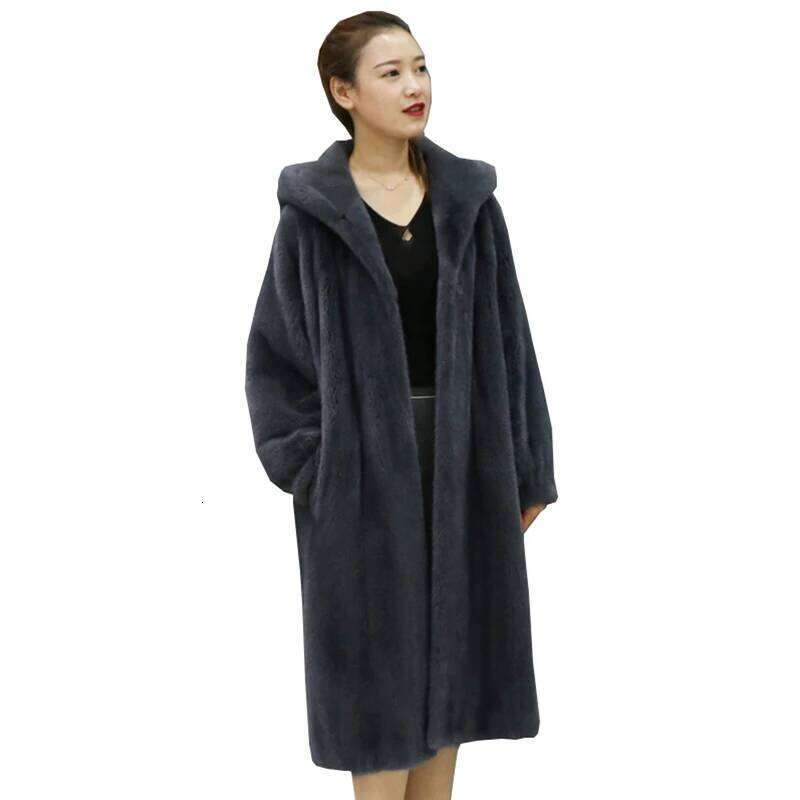 The new faux mink fur for autumn and winter is casual trench coat with a long, knee-length hoodie in veet jacket