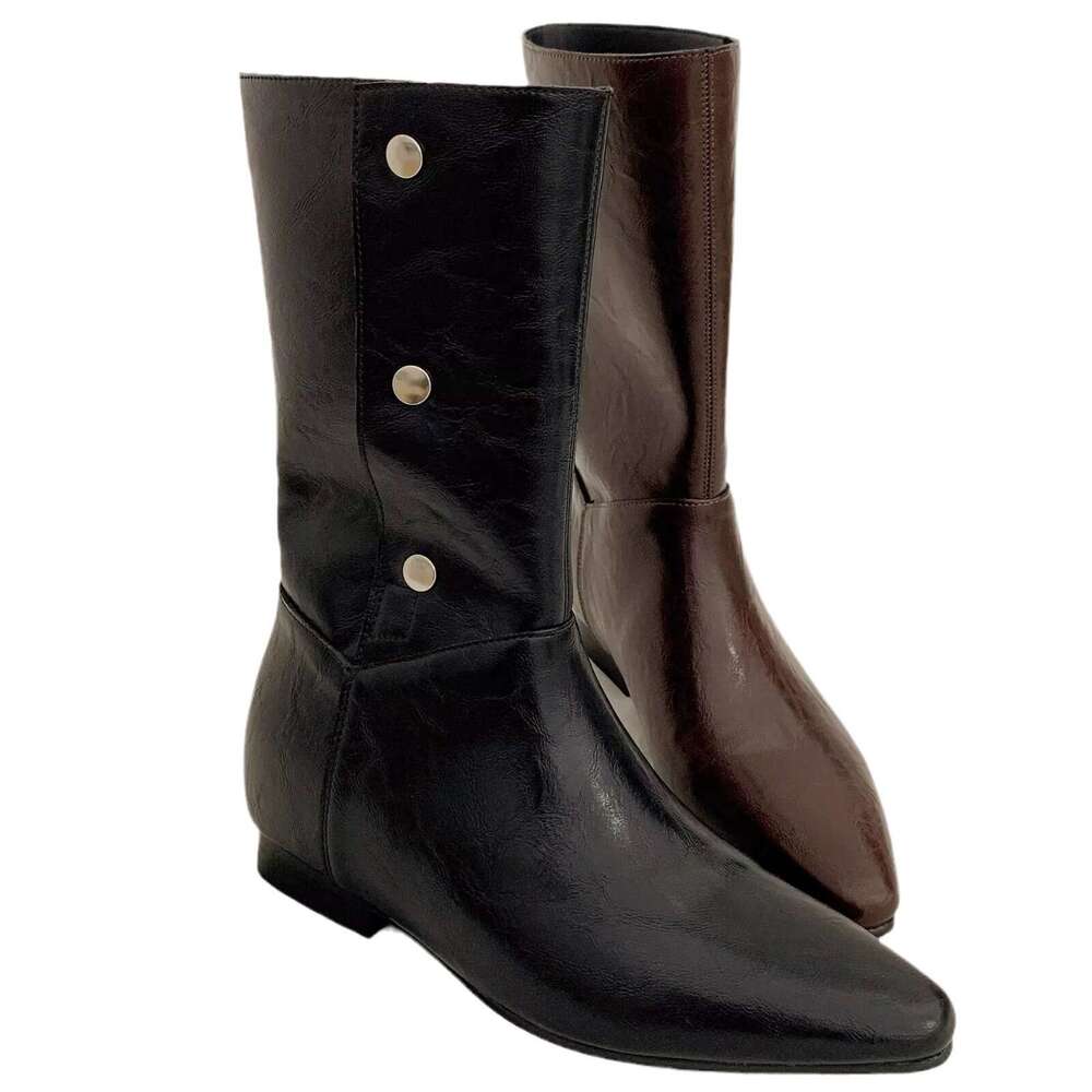 Genuine Leather Korean Style Button Pointed Toe Simple Flat Mid-Calf Riding Women Autumn Winter New Fashion Boots
