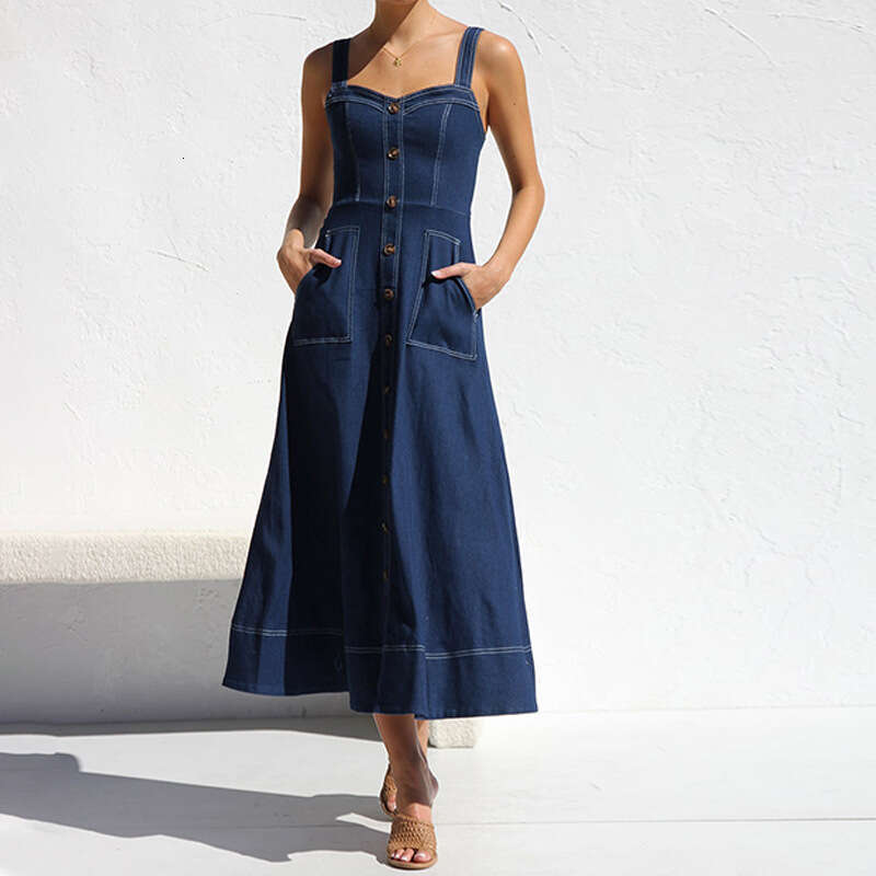 Autumn Winter Vintage Style Button Denim Long Dress With Straps B5
