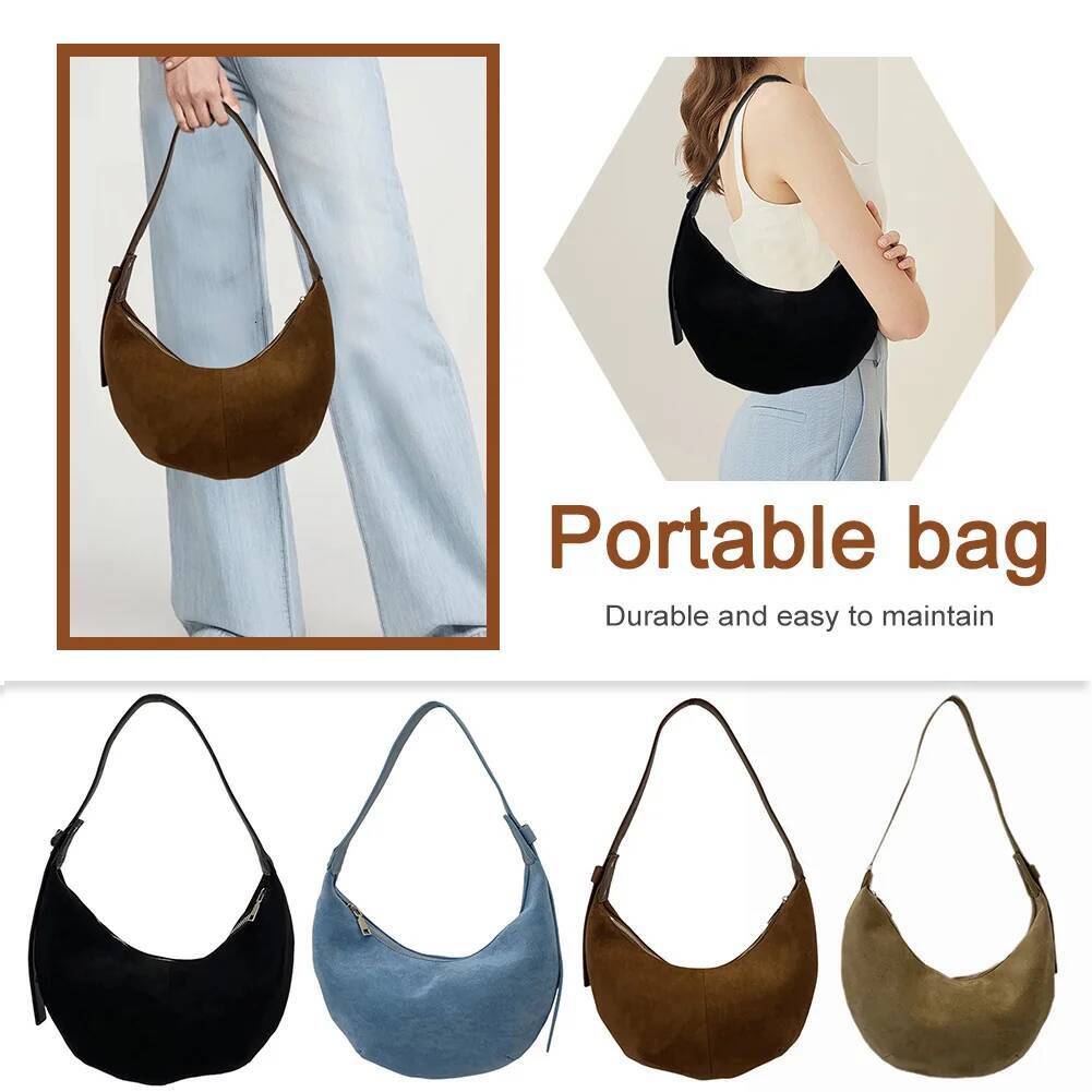 Women Suede Shoulder Zipper Closure Crescent Bag Trendy Retro Handbag Clutch Purse For Work Travel