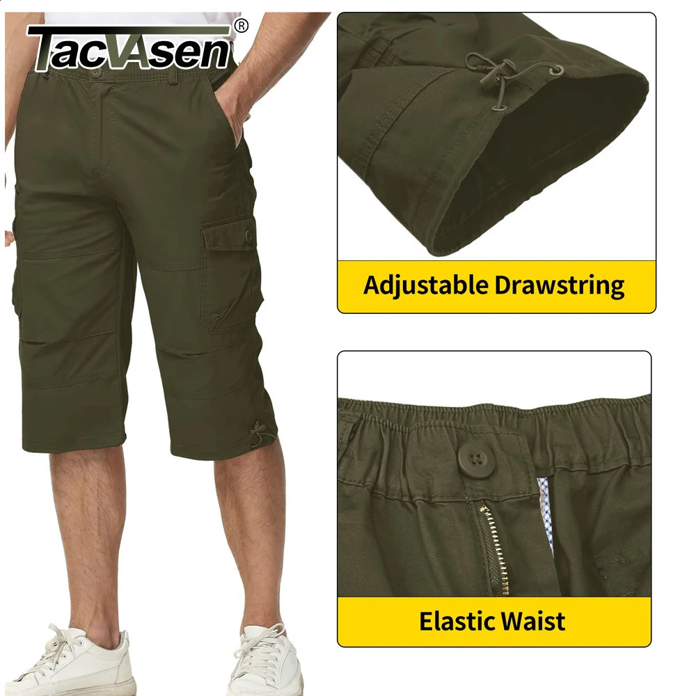 TACVASEN Cotton Below Knee Length 3/4 Long Shorts Mens Outdoor Pants Multi Pocket Summer Twill Work Cargo Pants Man 250517