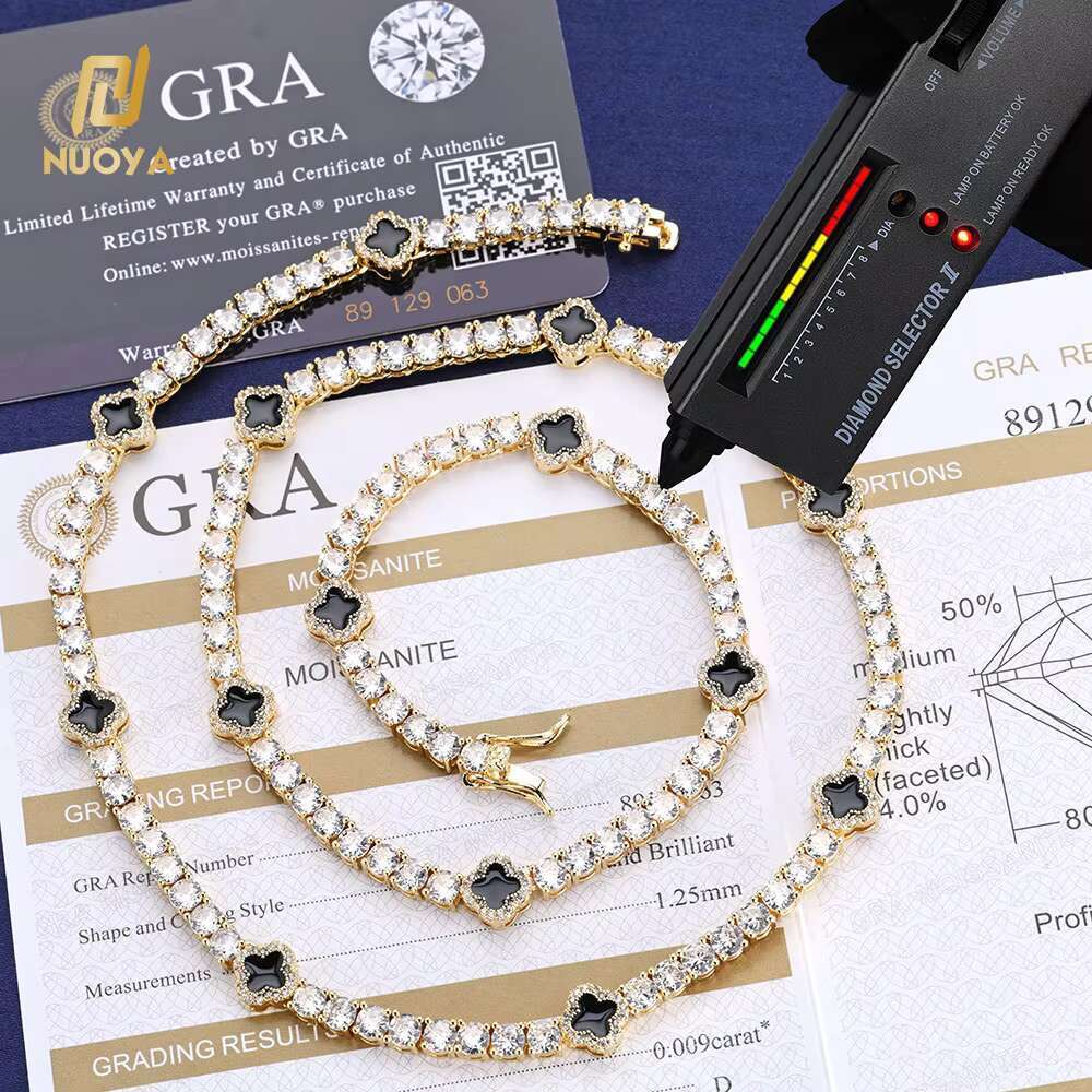 NUOAY Hip Hop Jewelry 4mm Iced Out Moissanite Tennis Chain Black Four Leaf Clover Tennis Chain Necklace Gift for Men Women