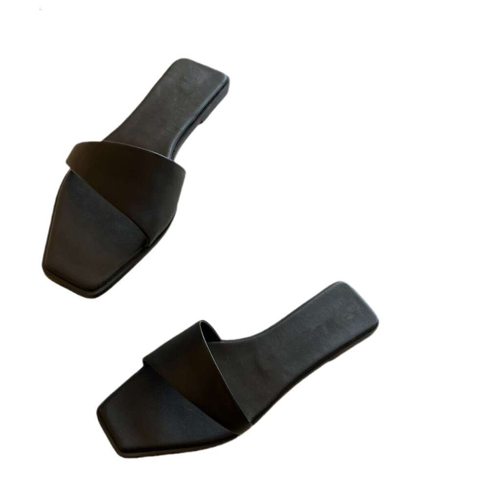 Genuine Leather Niche Irregular Upper Design Flat Square Toe One-Strap Sandals for Women Outdoor Wear 2024 Summer New Style