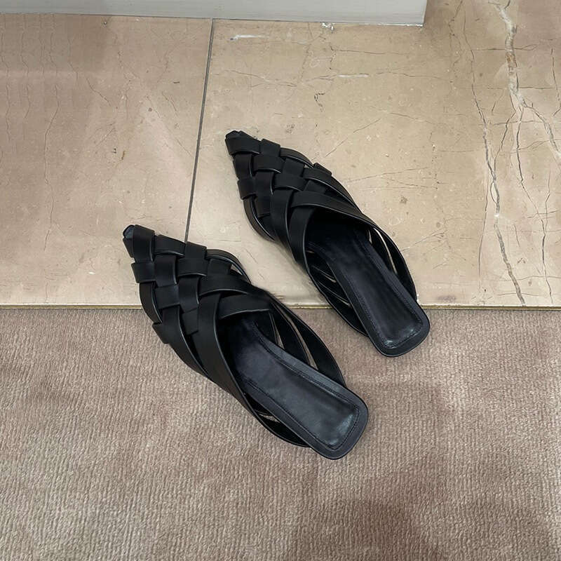 Instant Dispatch~ Genuine Leather Pointed Closed Toe Hollow Woven Half Slippers Women Summer Flat Mules Sandals