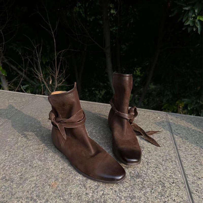 Genuine Leather Niche Design Bowknot Lace-up Ankle for Women Autumn Distressed Flat Bare Single Boots