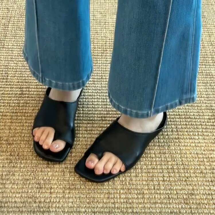 Cowhide Version ~ Korean Casual Square Slip-On for Women Outdoor Wear 2025 Summer Open Toe Flat Sandals