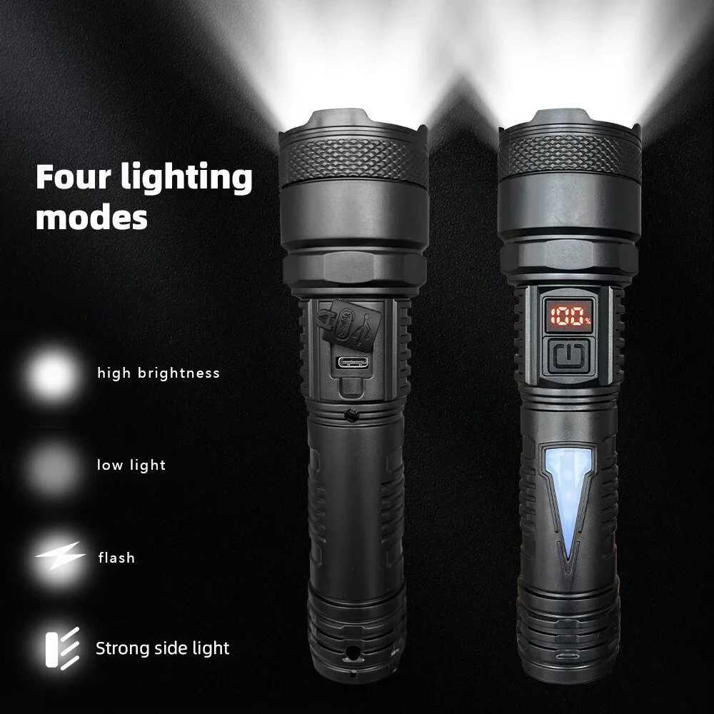 High Power Long-range Lantern Super Bright LED Flashlight USB Rechargeable Tactical Torch With Sidelight Lamp Waterproof Outdoor XJ250529