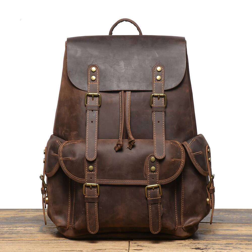 LUOKIR Vintage Genuine Leather Unisex Top Layer Cowhide Large Capacity Laptop Travel Backpack Paratrooper Bag