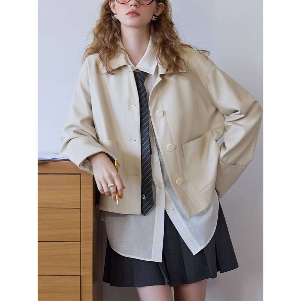 FSLE Retro Korean Style Single-breasted PU Leather for Women 2025 Spring New Short Versatile Casual Jacket 25FS11156