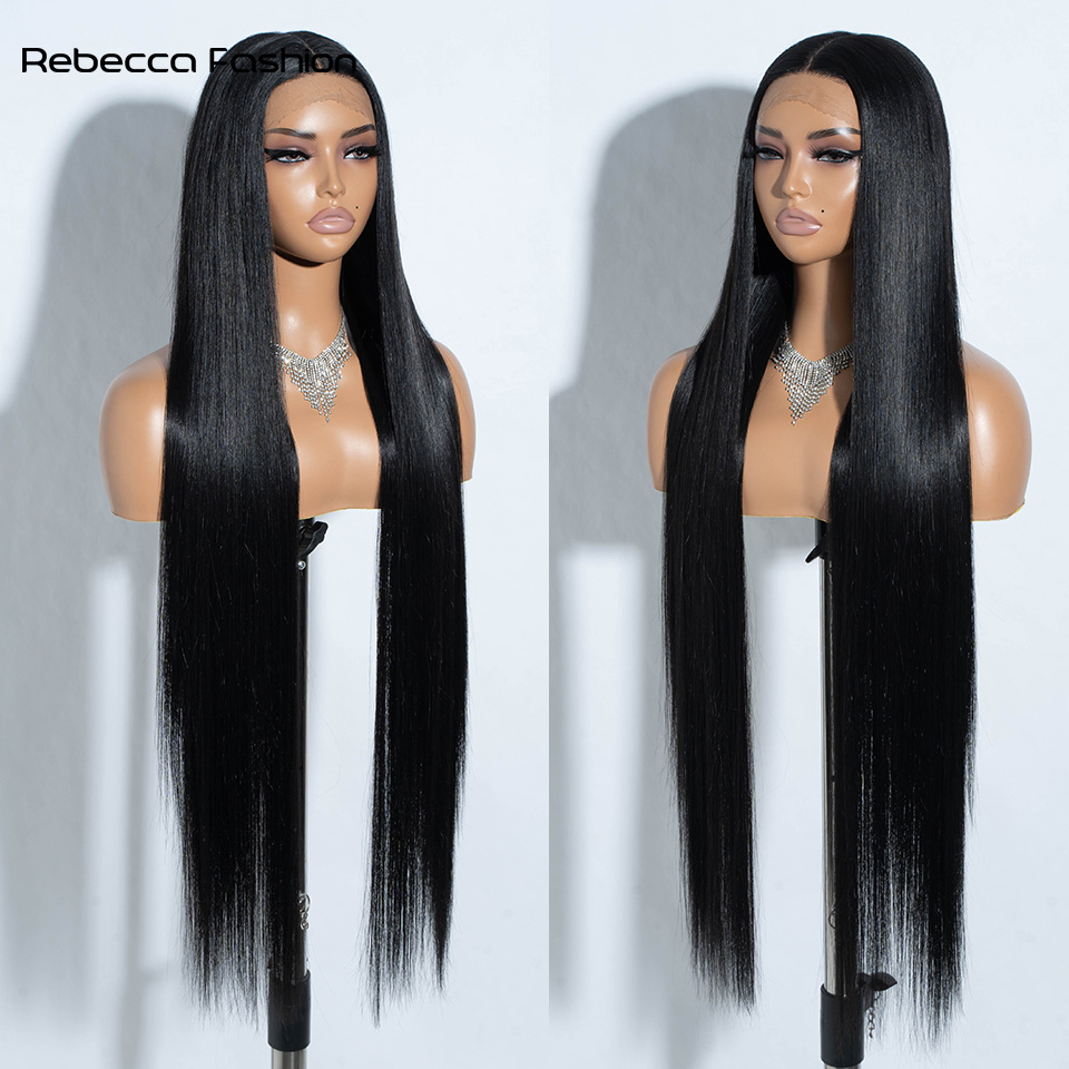 Rebecca Fashion Straight Synthetic Front 13*6*1 For Women 38 Inch Long Ombre Brown Red Blonde Hightlight Lace Frontal Wigs Cosplay Wig