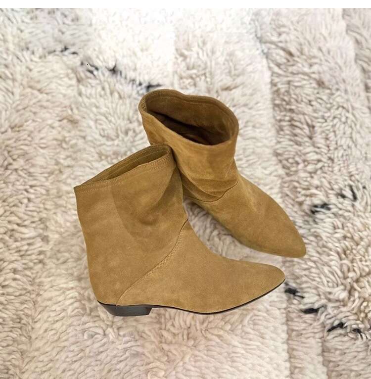 Genuine Leather Slanted Wide Tube Flat Pointed Toe Western Cowboy Small Ankle Slim Short Boots for Women Autumn Winter