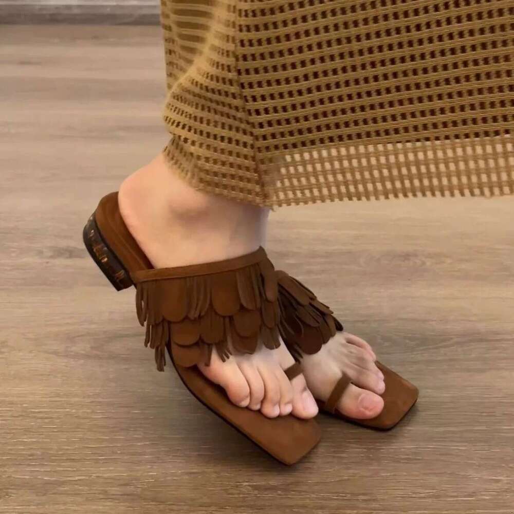 Sheepskin Version ~ Niche Suede Tassel Low Heel Square Toe Slip-On Mules for Women Outdoor 2025 Summer Sandals