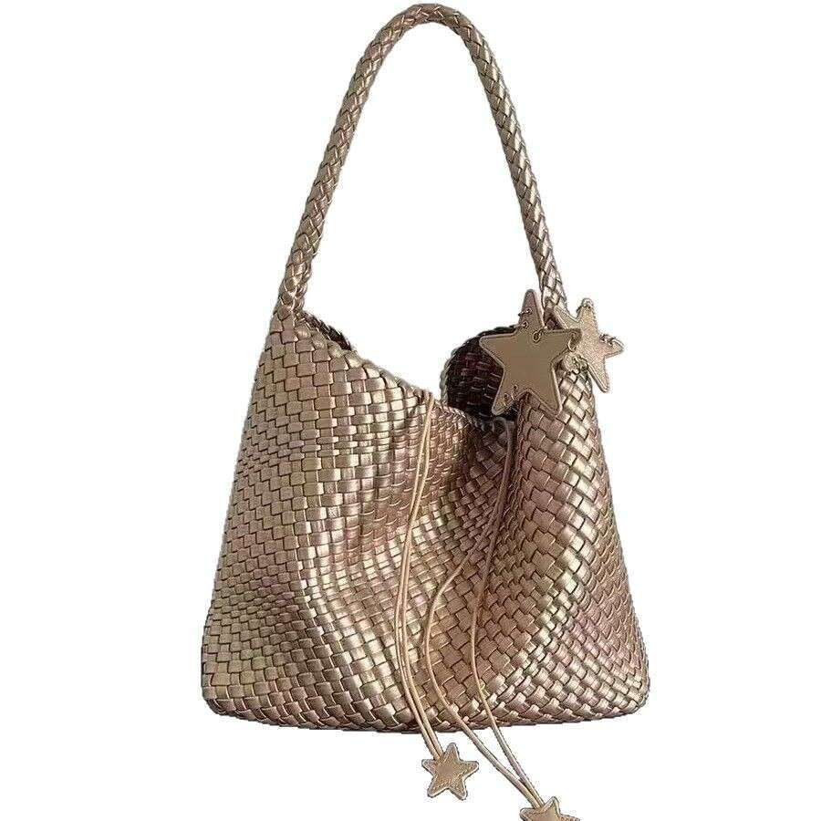 Tote Bag Braided Handbag Trendy Live Champagne Color Woven Tote For Women Large Capacity Genuine Leather Handbag Shoulder Bucket Bag Shoulder Bag