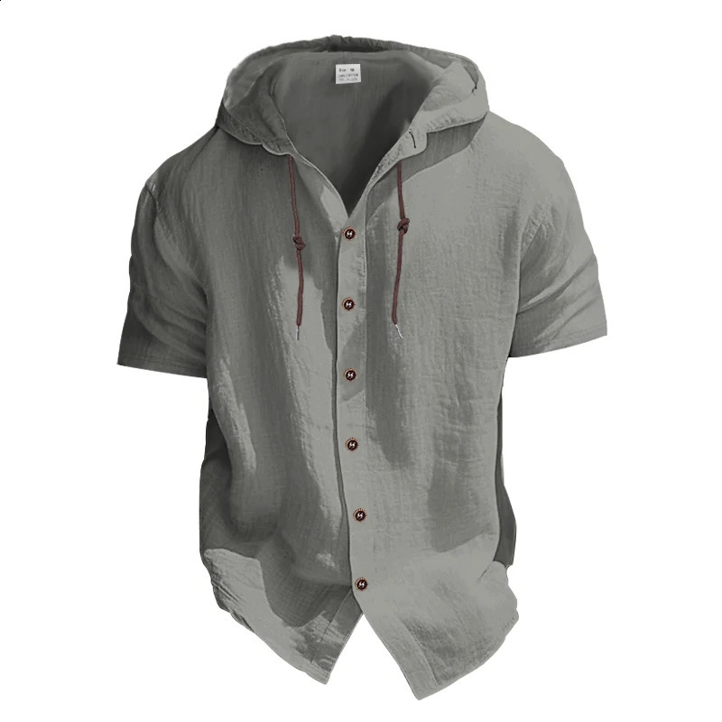 Summer cotton linen mens short sleeved shirt in US size solid color hooded casual T-shirt plus size mens clothing 250526