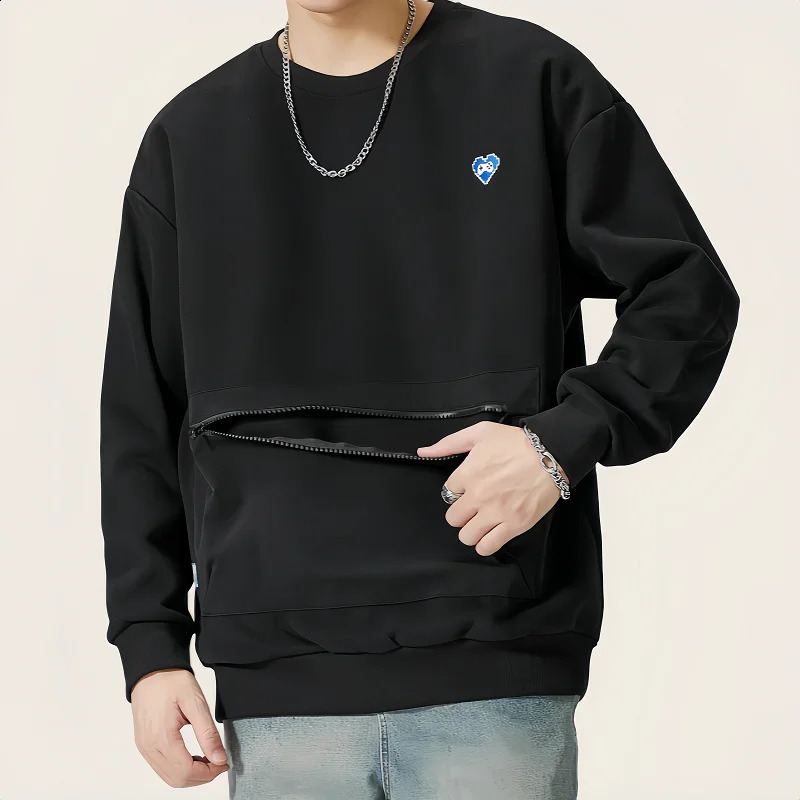 Japanese Style Trend Autumn Cargo Sweatshirts Men Solid O-Neck Zipper Multiple Pockets High Street Long Sleeve Loose Hoodies 250527