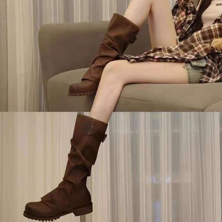 American Style Niche Pleated Slouch Mid-Calf for Women 2024 New Thick Heel Platform Riding Long Boots