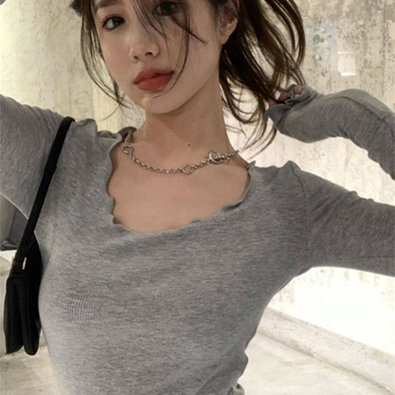 Long Sleeve T-shirts Women Fungus Line Irregular Hem Knitted Slender Autumn Bottoming Tees Chic Fashion Sexy Solid Ulzzang 250517CJ