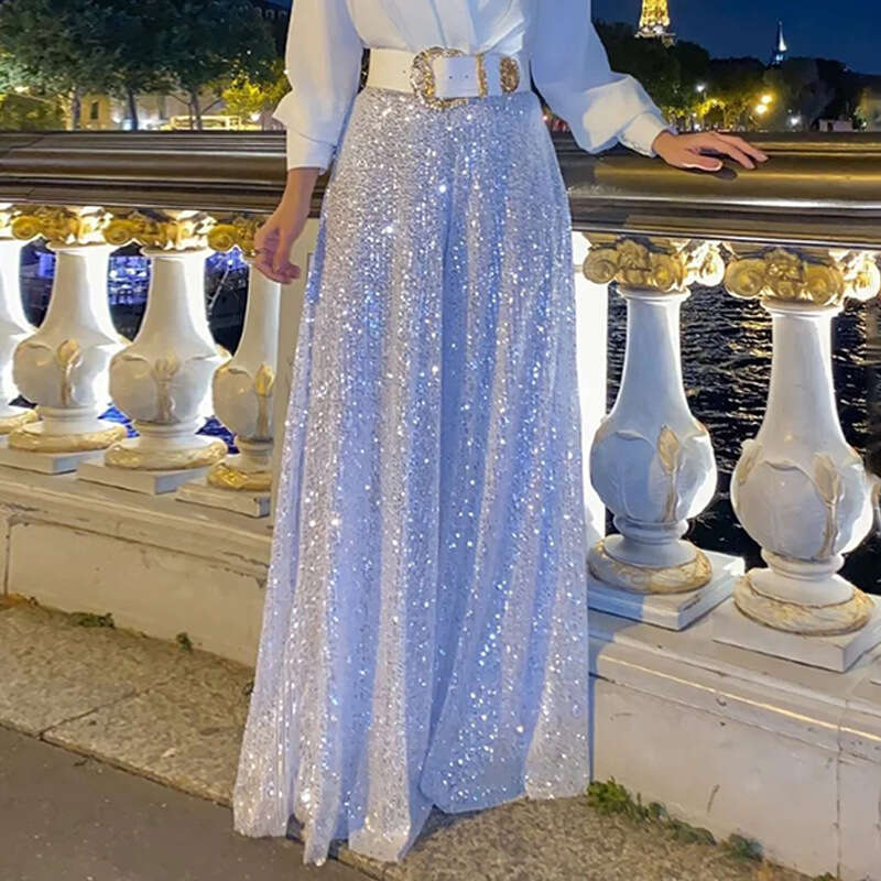 Summer New Fashion Solid Color V-Neck Long Sleeve Shirt Sequin Wide-Leg Pants Jumpsuit B5