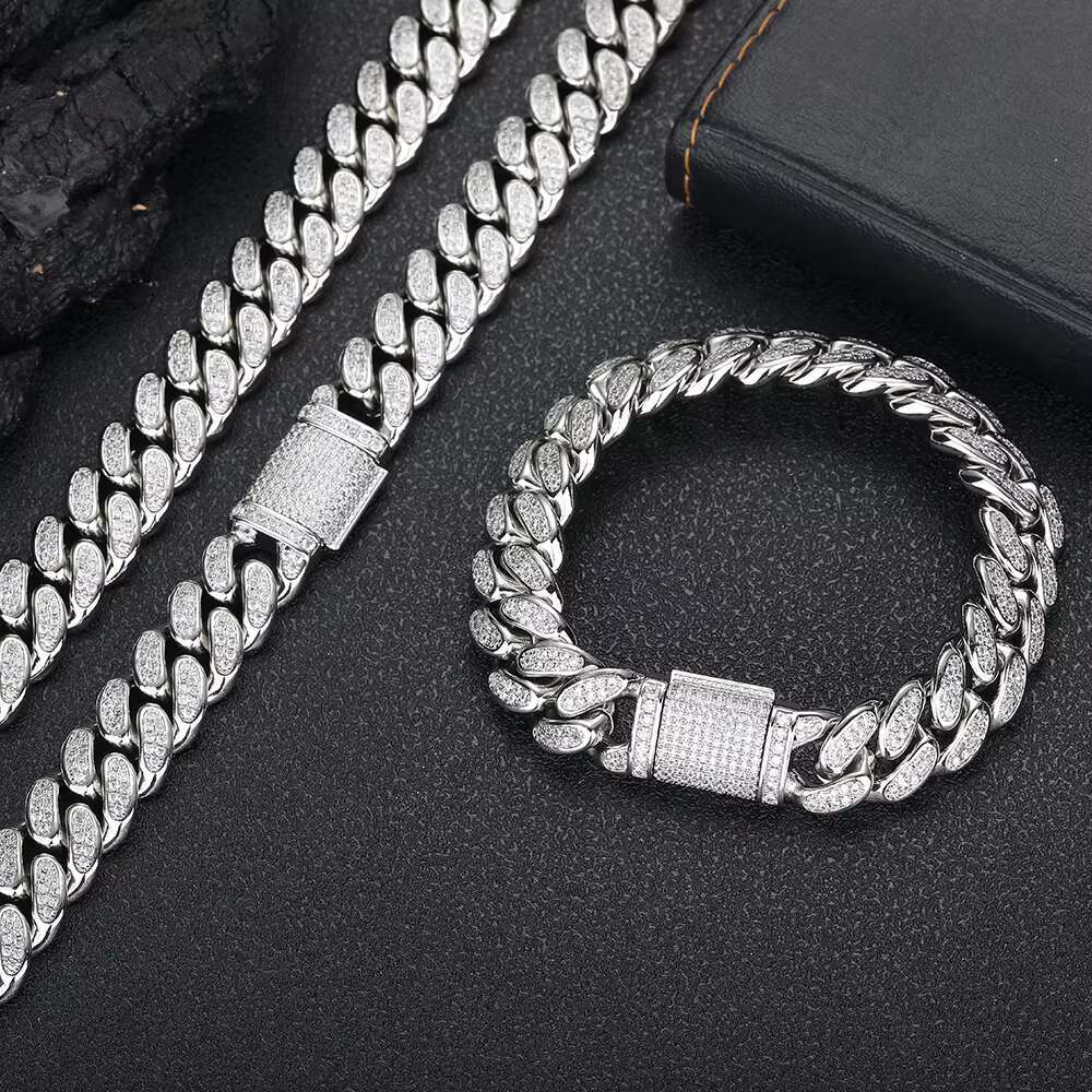 NUOYA Hight Quality D Color Vvs Moissanite Cuban Chain Iced Out Two Row Diamond Cuban Link Chain Hip Hop Jewelry for Men Women