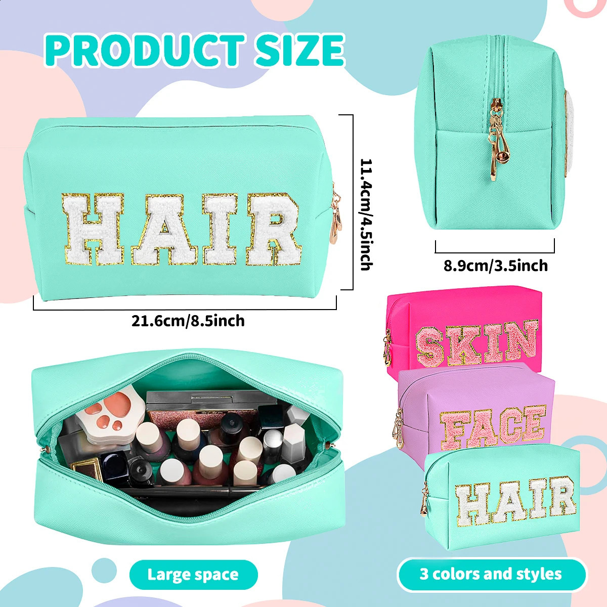 Chenille Letter Cosmetic Bag PU Leather Waterproof Pouch Cute Zipper Organizer Skin Hair and Facezmt 250528