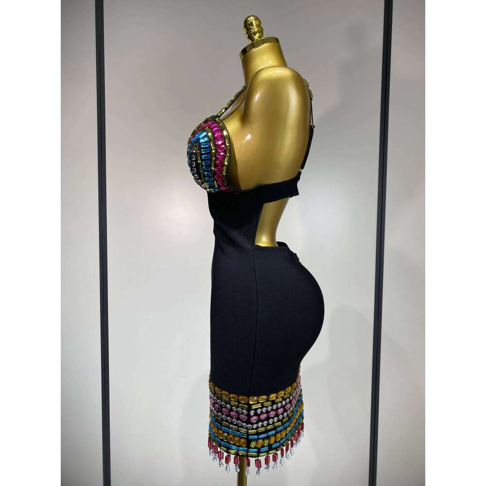 Sparkly Colorful Dias V Neck Black Bodycon Bandage Dress 2025 Celebrity Elegant Evening Club Party Birthday Dresses