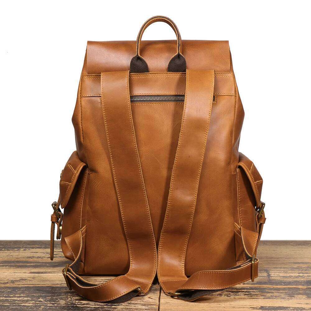 LUOKIR Vintage Genuine Leather Unisex Top Layer Cowhide Large Capacity Laptop Travel Backpack Paratrooper Bag