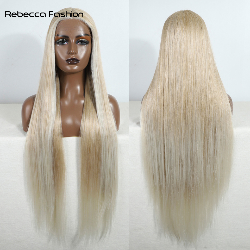 Rebecca Fashion 13*6*1 Synthetic Lace Front Wigs 38 inch Straight Long For Black Women High Temperature Fiber Middle Part Blonde Highlight Cosplay Wig