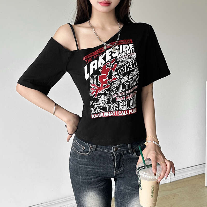 Spring Women's New Street Fashion Hot Girl Off-Shoulder Hollow Out Print Versatile Crop Top B5