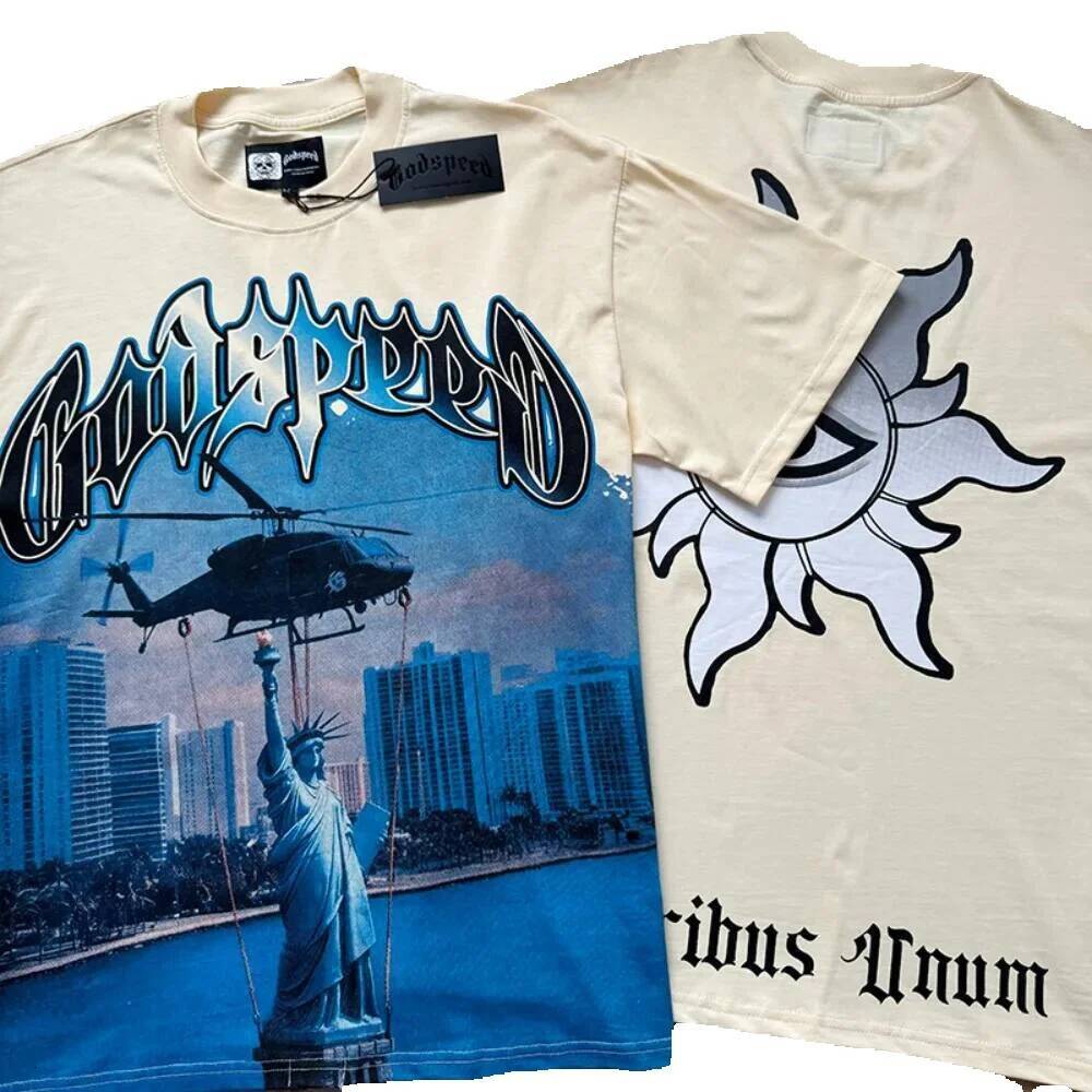 Summer Novelty, Godspeed American Fashion Street Rock Retro T-shirts, Short Sleeve T-shirts for Men and Women, Purple Skull Print GOD SPEED T-shirt