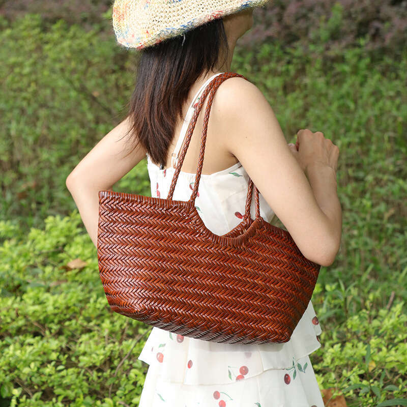 Tote Bag Handbag For Women Cowhide Single Shoulder Underarm Tote Genuine Leather Niche Woven Large Capacity Basket Mother Bag Shoulder Bag Braided Han