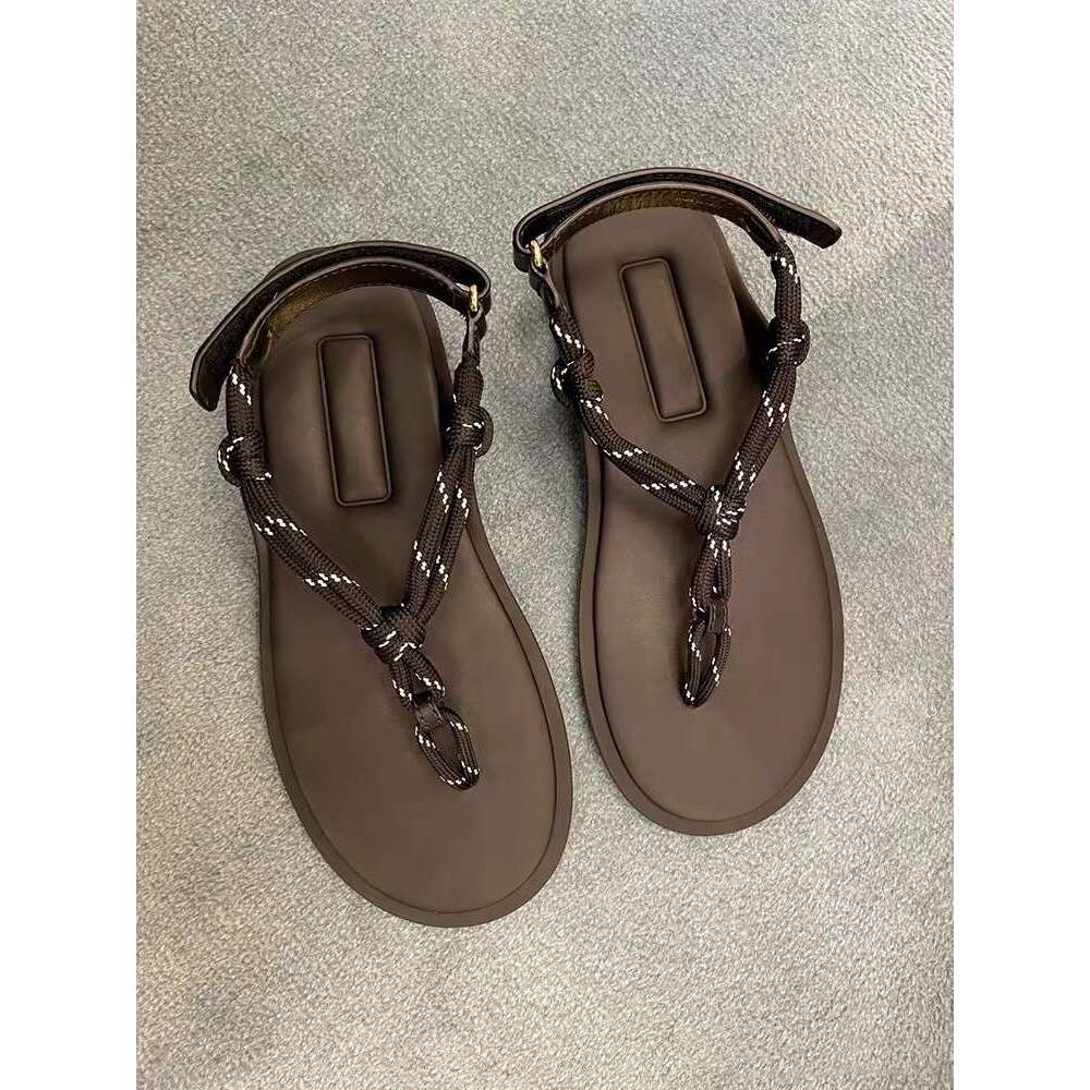 Genuine Leather Jute Rope Velcro Flat Round Toe Post for Women Outdoor Summer New Beach Roman Sandals