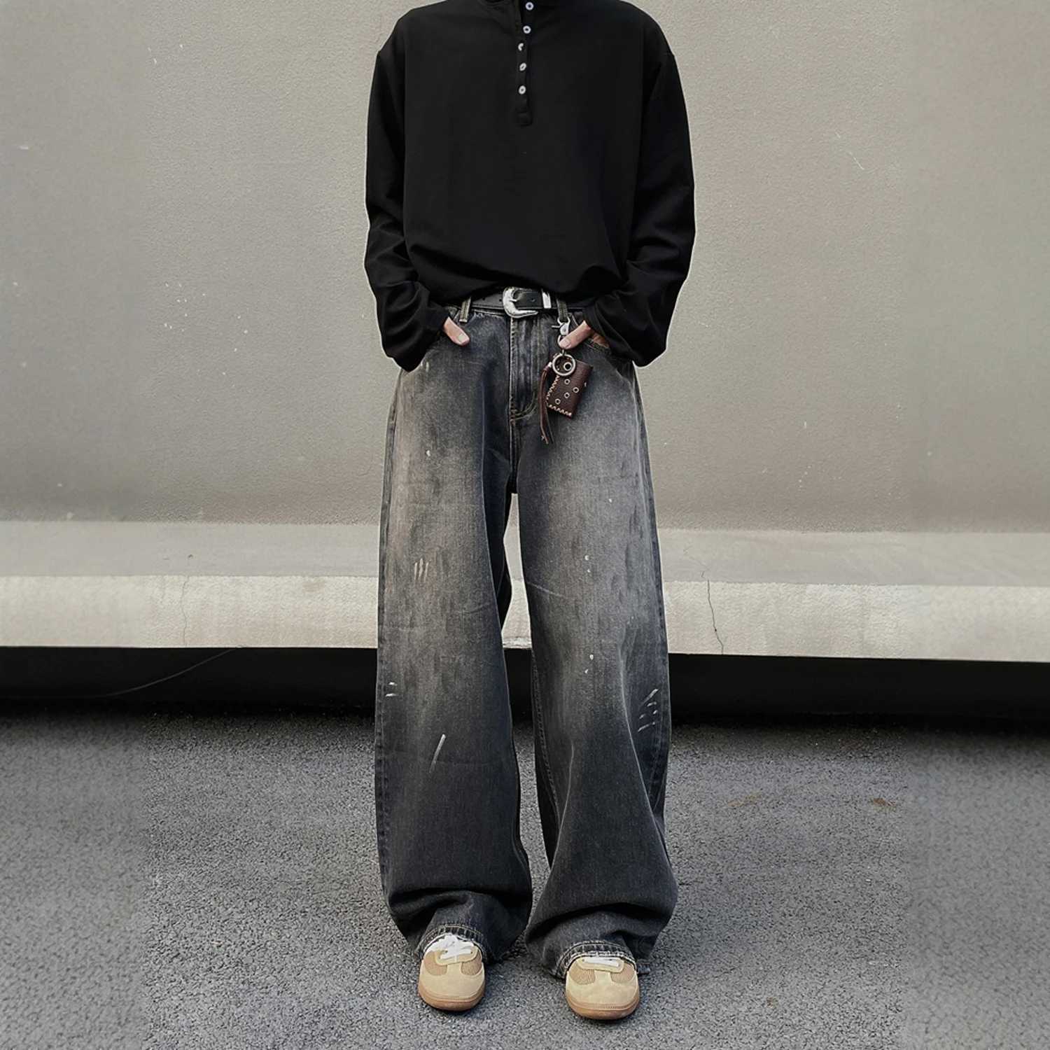 Vintage Distressed Mens Baggy Straight Jeans Fashion Korean High Strt Denim Pants Strtwear Male TrousersC250528