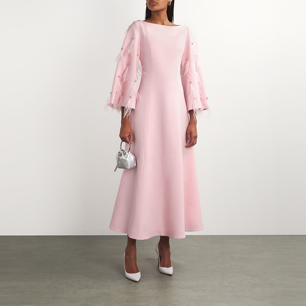 Simple Pink Party Gown Sheath Beaded Crystal Evening Dresses Feather Long Sleeves Prom Gown for Africa Women