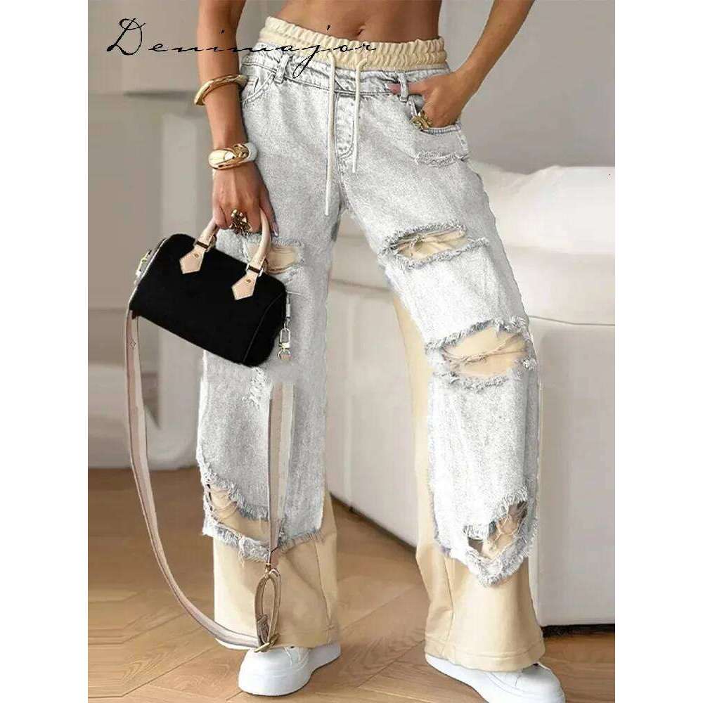 Casual Patchwork Jeans Women Loose Drawstring Low Waist Pockets Zipper Straight Leg Pants 2025 Spring Summer Street Lady Trouser